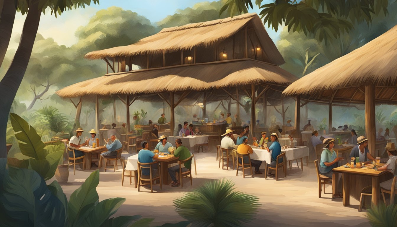 A bustling safari restaurant with thatched roof, wooden tables, and exotic plants. Customers enjoy their meals while listening to the sounds of the wild