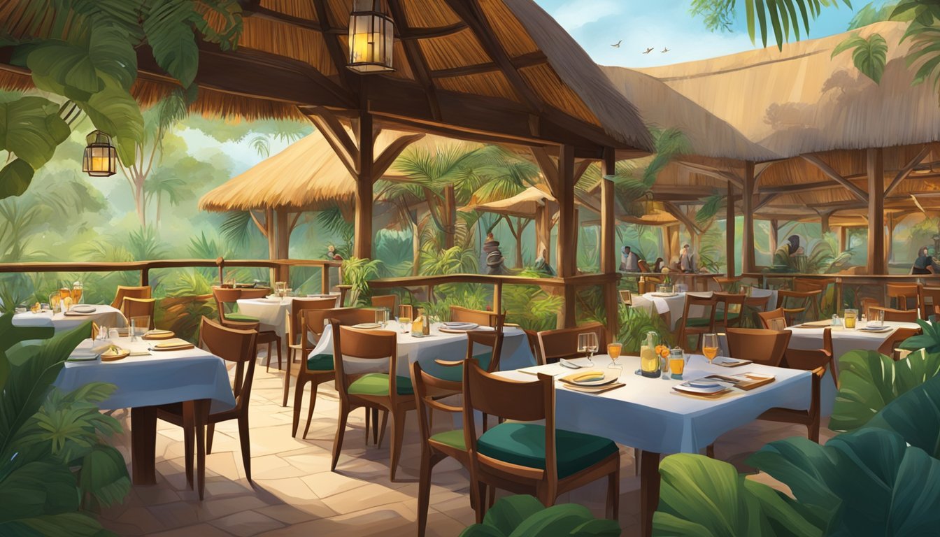 A bustling safari restaurant with outdoor seating, surrounded by lush greenery and wildlife, with a thatched roof and vibrant decor