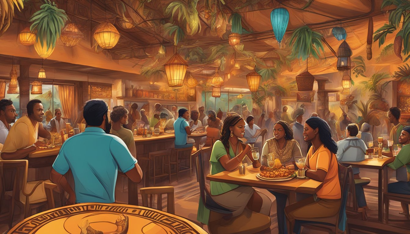 A bustling safari-themed restaurant with vibrant decor, tribal masks, and exotic animal prints. The aroma of sizzling meats and spices fills the air