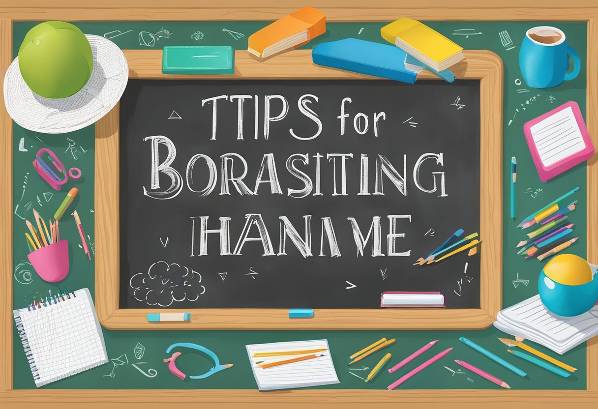 A colorful chalkboard with "Tips For Brainstorming The Perfect Name" written in bold letters, surrounded by various baby names like "Hayden" and "Olivia"