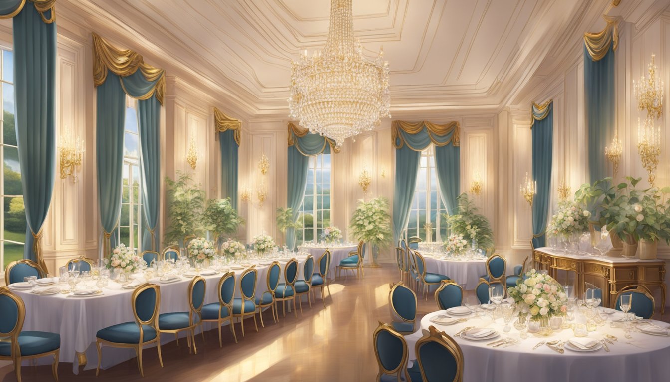 A grand dining room filled with elegant tables, each set with fine china and sparkling glassware. The room is bathed in soft, warm light, creating a welcoming and luxurious atmosphere