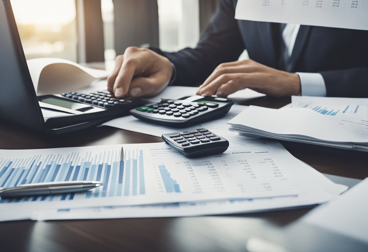 A person reviewing expenses at a desk with a calculator and budgeting papers, looking determined to save money despite having a low income