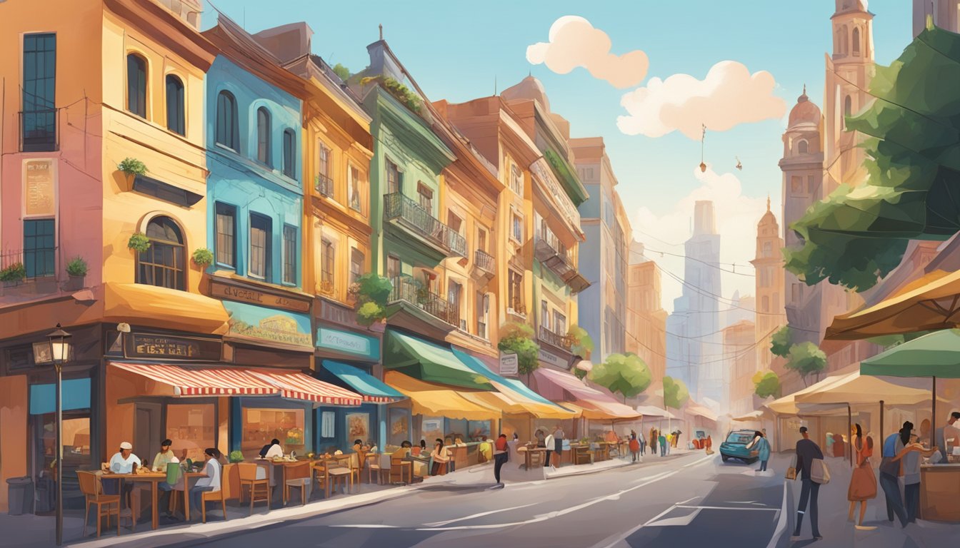 A bustling street lined with diverse international restaurants, each boasting unique architecture and vibrant signage, beckoning food enthusiasts from around the world