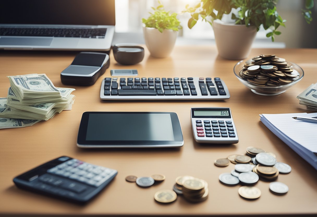 A cluttered desk with scattered bills, a calculator, and a notebook. A piggy bank sits in the corner, with a few coins next to it