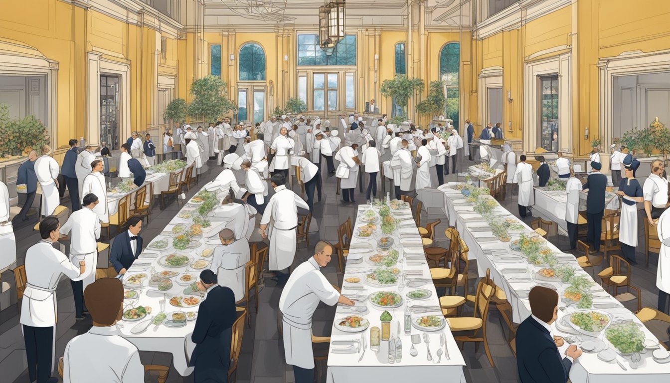 A bustling dining room with chefs preparing exquisite dishes and servers attending to guests at the world's 50 best restaurants