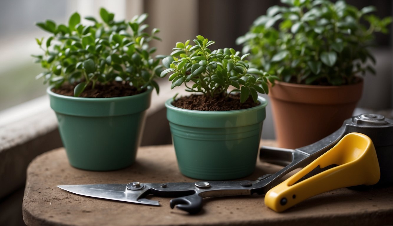 A jade cutting sits in a small pot filled with well-draining soil. A pair of clean, sharp pruning shears lies nearby, ready to trim the cutting. A small dish of rooting hormone powder is also present, ready to encourage healthy root growth