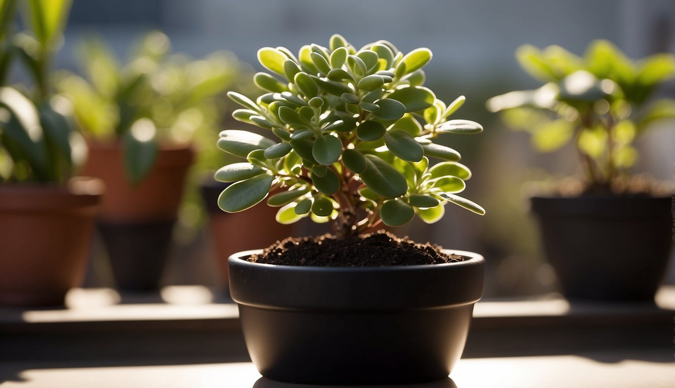 A jade plant cutting is placed in a small pot with well-draining soil. The pot is then placed in a sunny location and watered sparingly