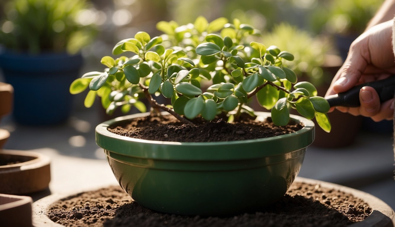 A jade cutting is placed in a pot with well-draining soil. The pot is watered lightly and placed in a sunny spot. Later, the jade is carefully repotted into a larger container as it grows