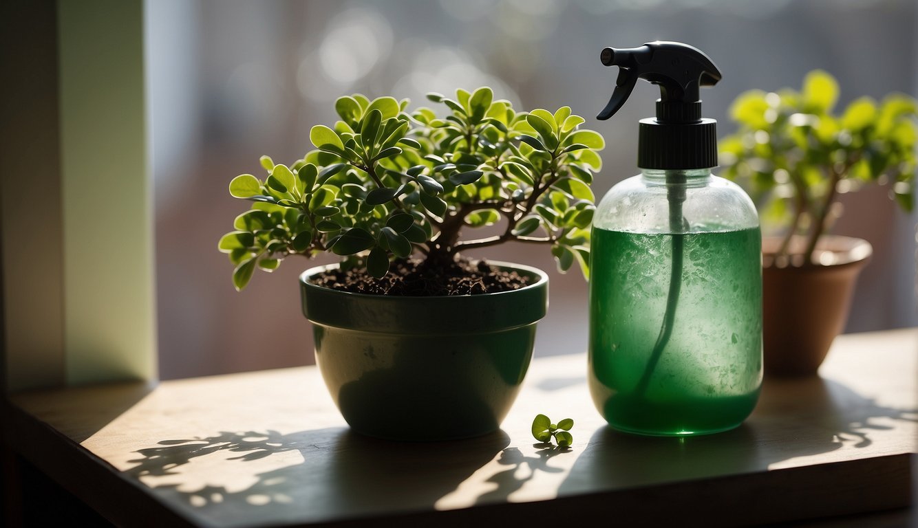 A healthy jade cutting in a small pot, placed in a sunny window with a misting bottle nearby. A pair of pruning shears and a container of well-draining soil sit on the table