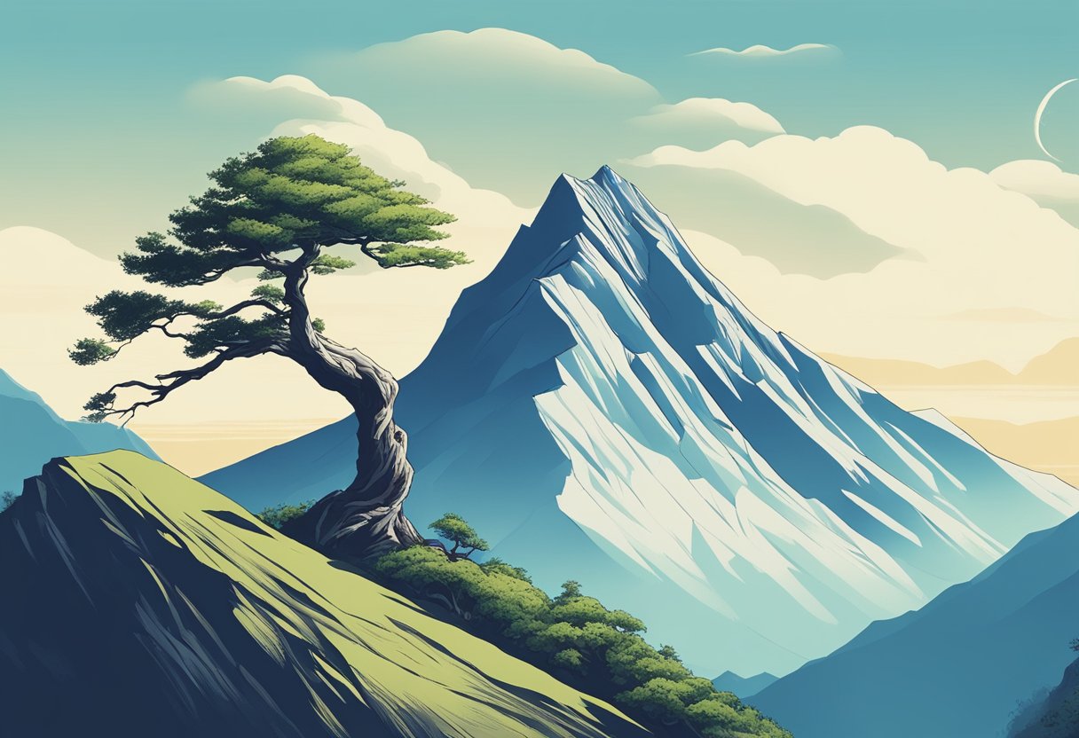 A serene mountain peak under a clear sky, with a lone tree bending gracefully in the wind, embodying the principles of stoicism and Taoism