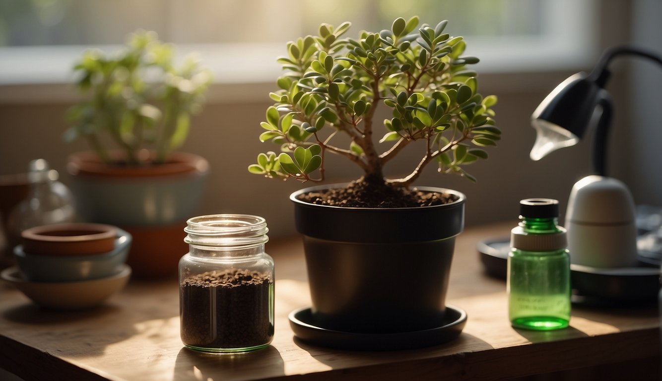 A jade plant cutting sits in a small pot of soil, with a misting bottle nearby. A pair of pruning shears and a rooting hormone jar are on the table