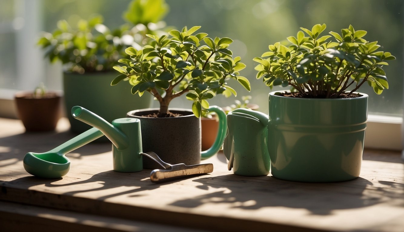 A jade cutting in a small pot, surrounded by soil and placed near a sunny window. A pair of pruning shears and a watering can are nearby