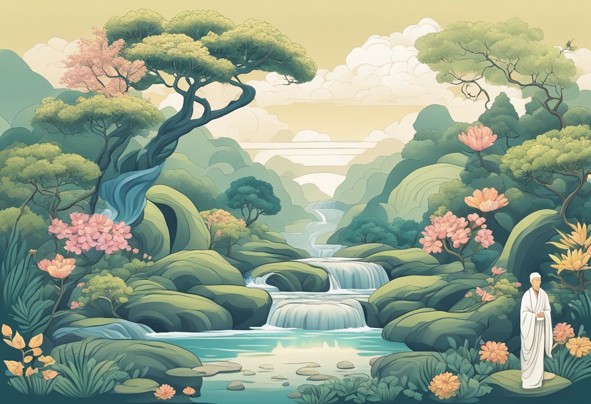 A serene garden with a stoic figure and a flowing stream, surrounded by symbols of harmony and balance, representing the principles of Stoicism and Taoism