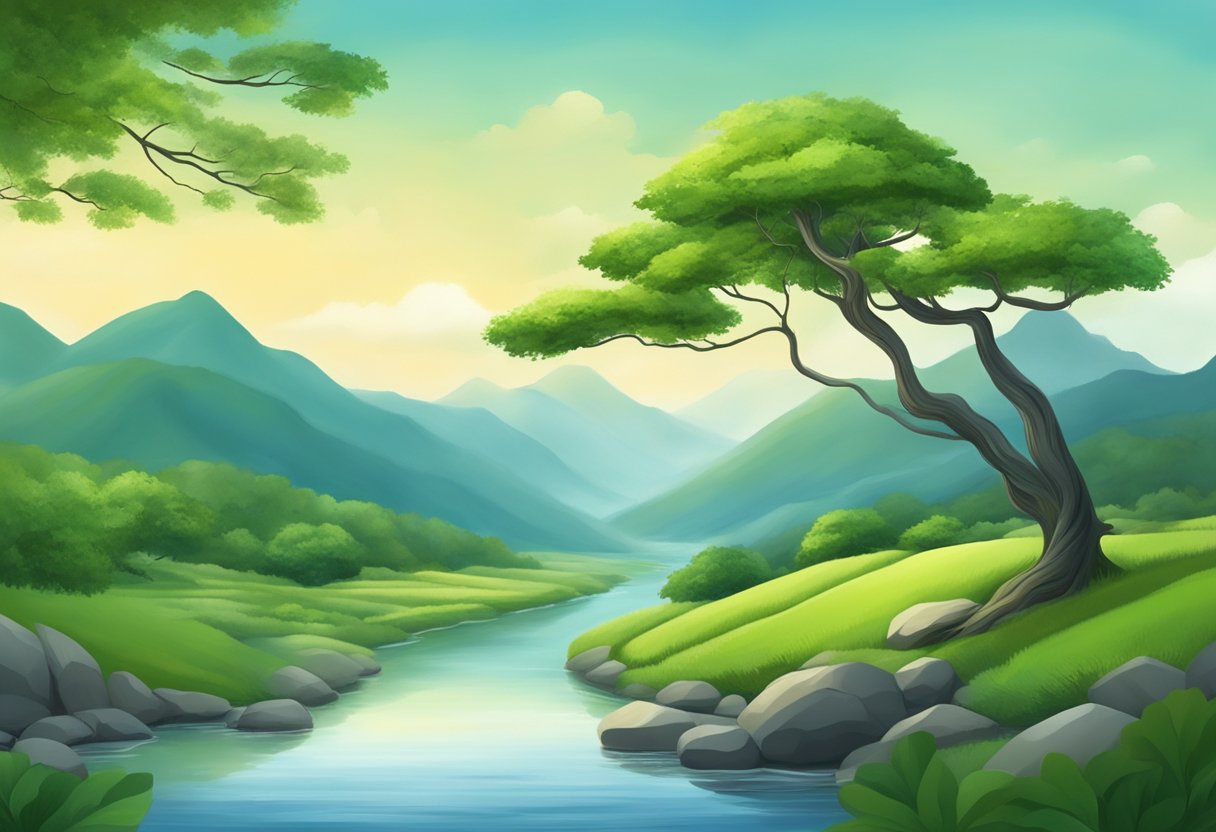 A serene, tranquil landscape with a flowing river, lush green mountains, and a solitary tree symbolizing the harmony and balance of Taoism stoicism