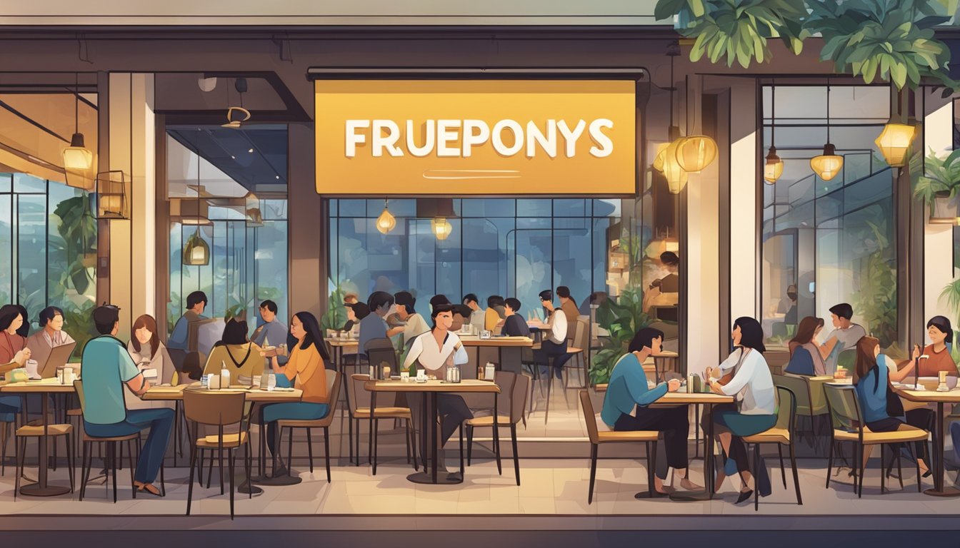 A bustling restaurant in Singapore with a prominent "Frequently Asked Questions" sign displayed. Patrons and staff interact in the lively atmosphere