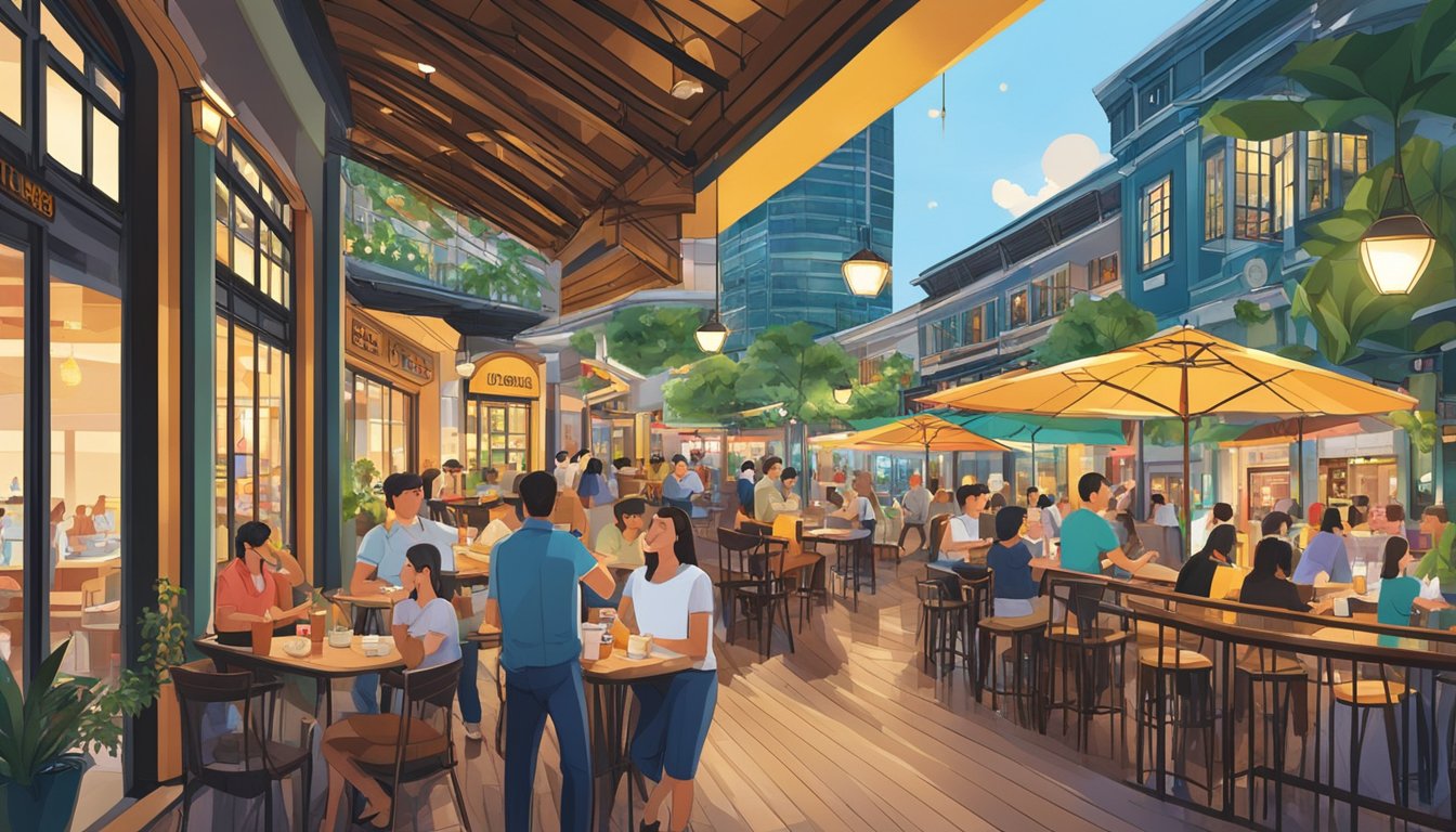 Diners enjoy a bustling atmosphere at top restaurants in Clarke Quay, with colorful storefronts and waterfront views