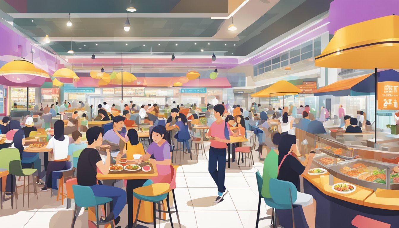 A bustling food court at Clementi Mall, with colorful cuisine stalls and lively diners enjoying a variety of culinary delights