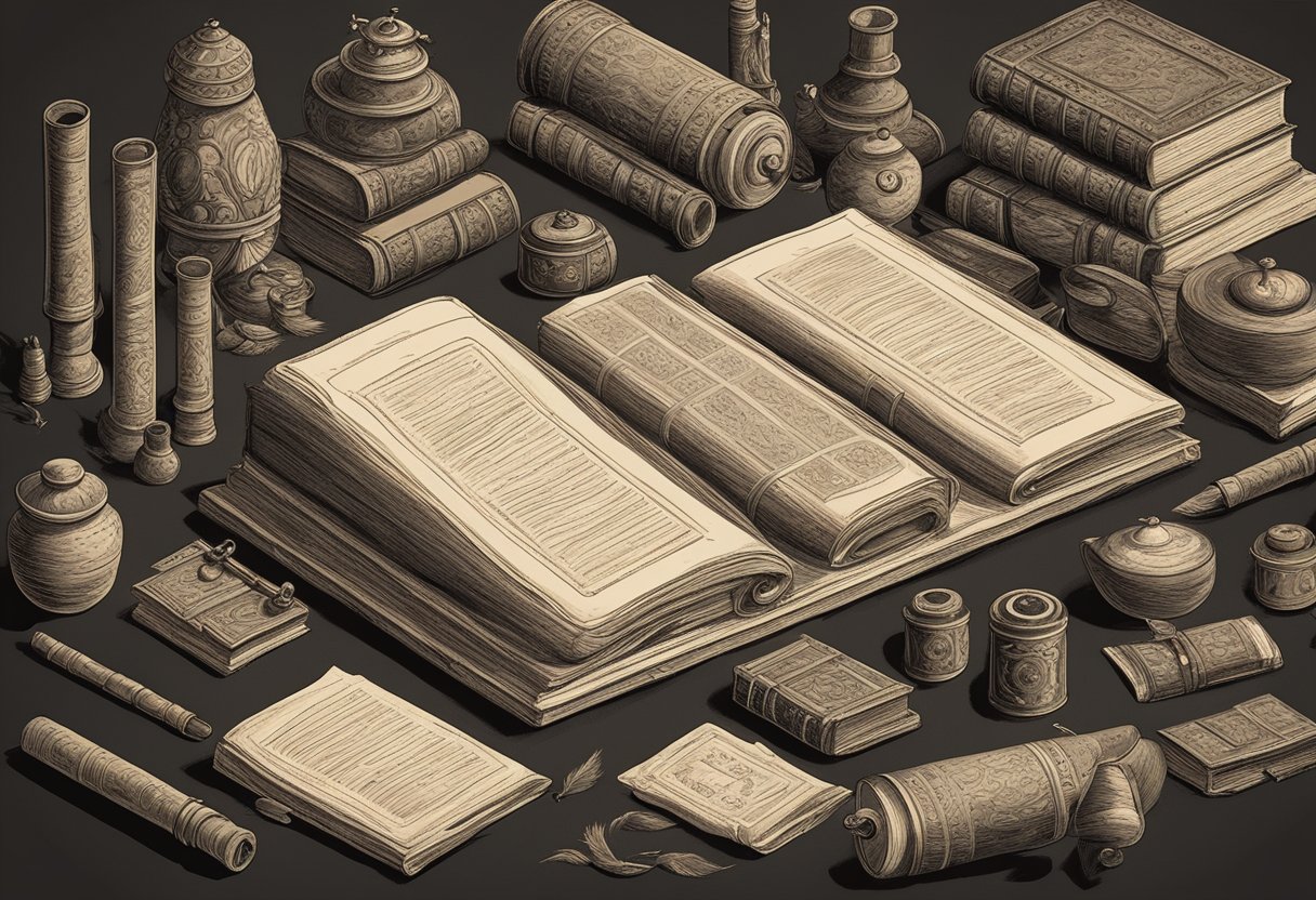 Ancient scrolls with names, symbols, and dates. A quill pen and inkwell nearby. An old bookshelf filled with dusty tomes on naming traditions