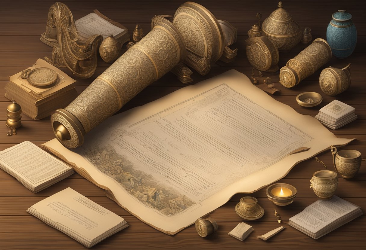 A scroll of ancient baby names lies open on a wooden desk, surrounded by historical artifacts and documents