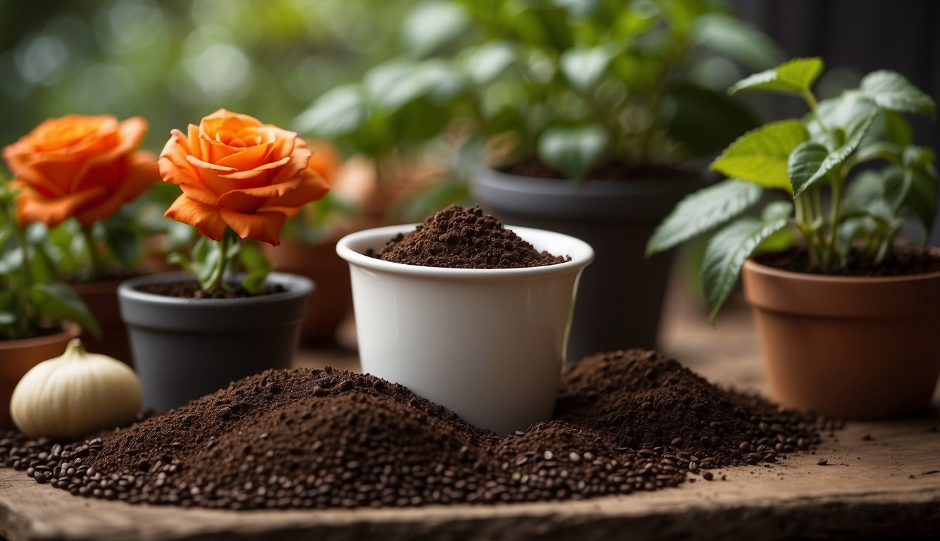 Coffee grounds scattered around plant pots, enriching the soil. A variety of plant types, such as roses, tomatoes, and hydrangeas, benefit from the natural fertilizer