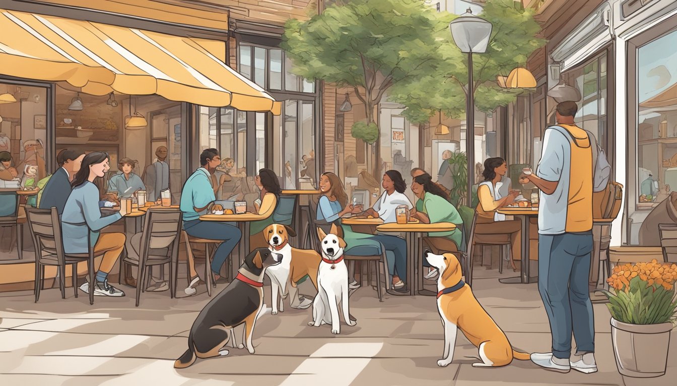 Dogs happily roam outdoor patio of a bustling restaurant. Waiters serve water bowls and pet-friendly treats. Customers smile at furry companions