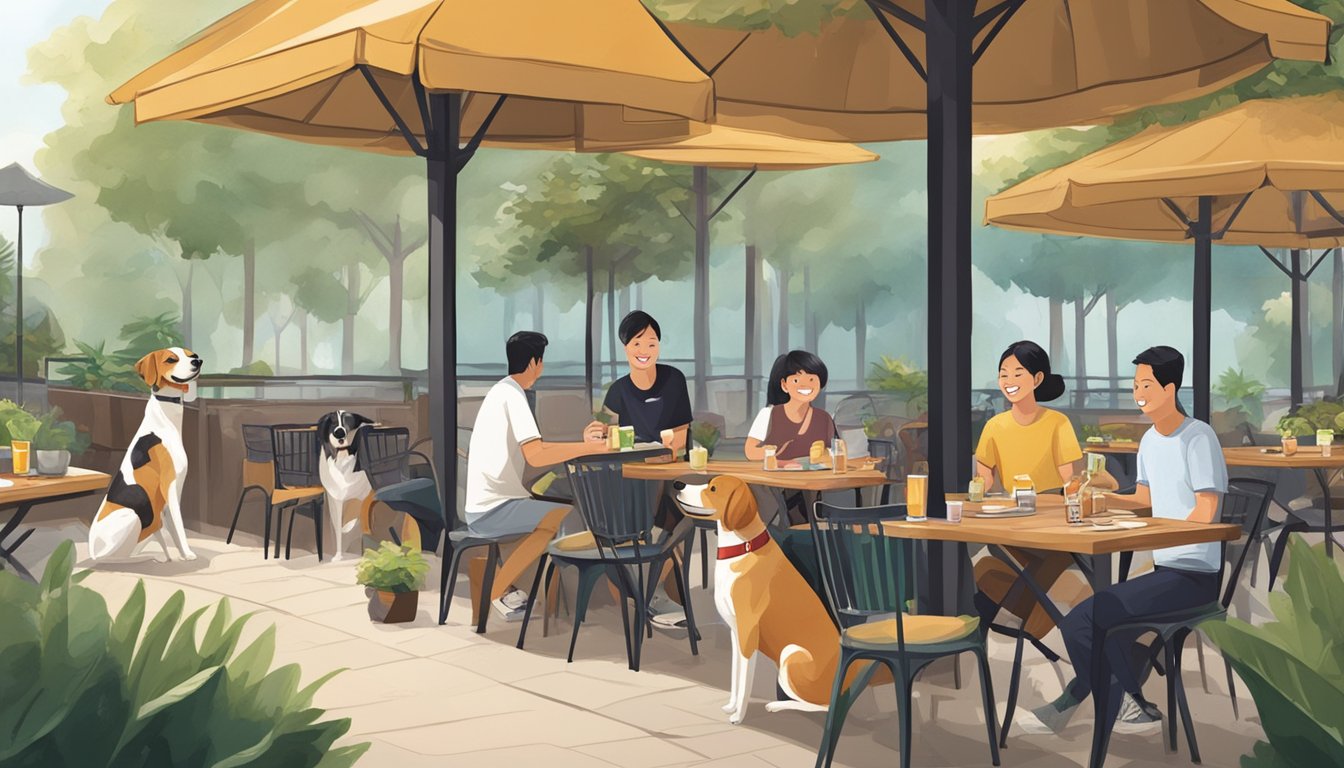 Dogs happily sit at outdoor tables, tails wagging as owners enjoy meals at dog-friendly restaurants in Singapore