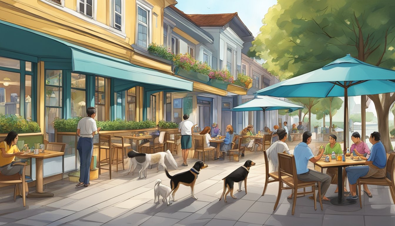 Dogs dining on restaurant patios, wagging tails and sniffing at water bowls, while owners enjoy meals in dog-friendly establishments in Singapore