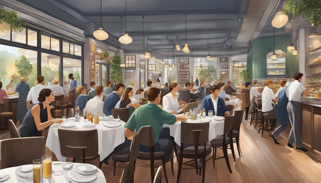 The glc restaurant is bustling with diners enjoying their meals, as waitstaff move swiftly between tables, and the aroma of delicious food fills the air