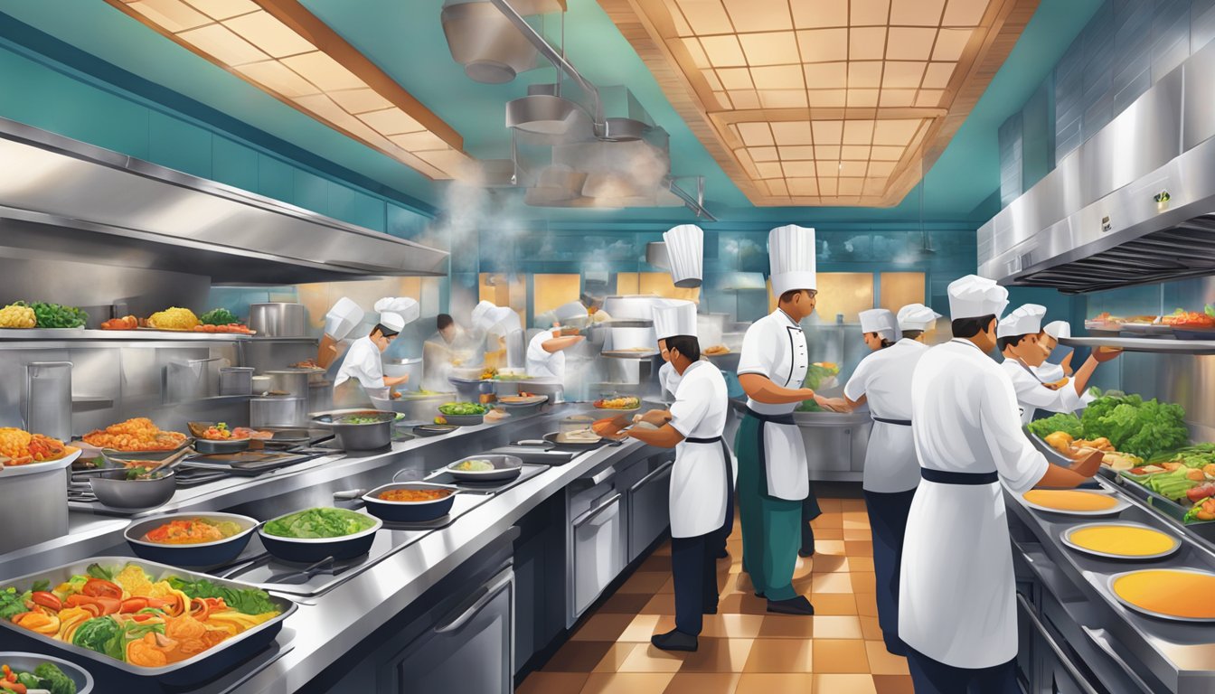 A bustling kitchen at GLC restaurant, with chefs creating colorful dishes and a vibrant atmosphere