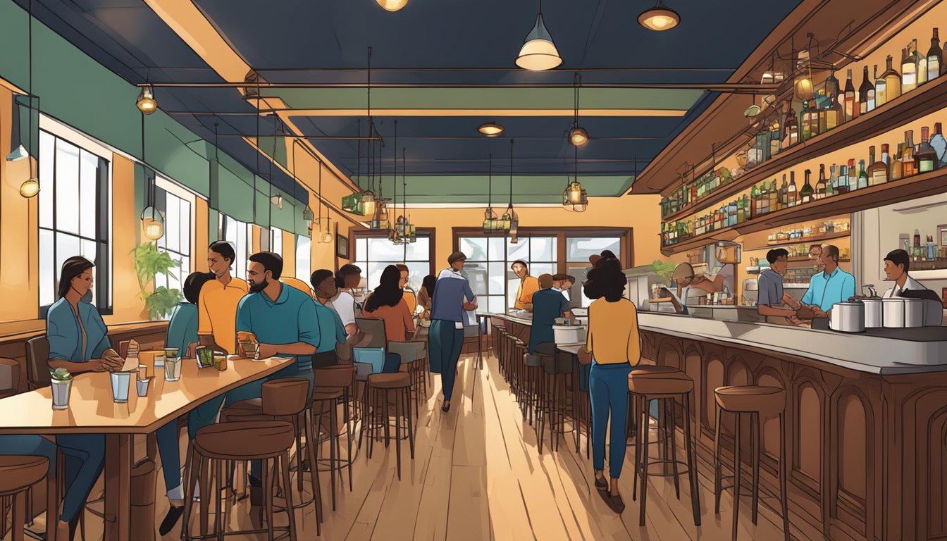A bustling restaurant with modern decor, cozy seating, and a well-stocked bar. Patrons enjoy delicious meals and drinks while the friendly staff attends to their needs