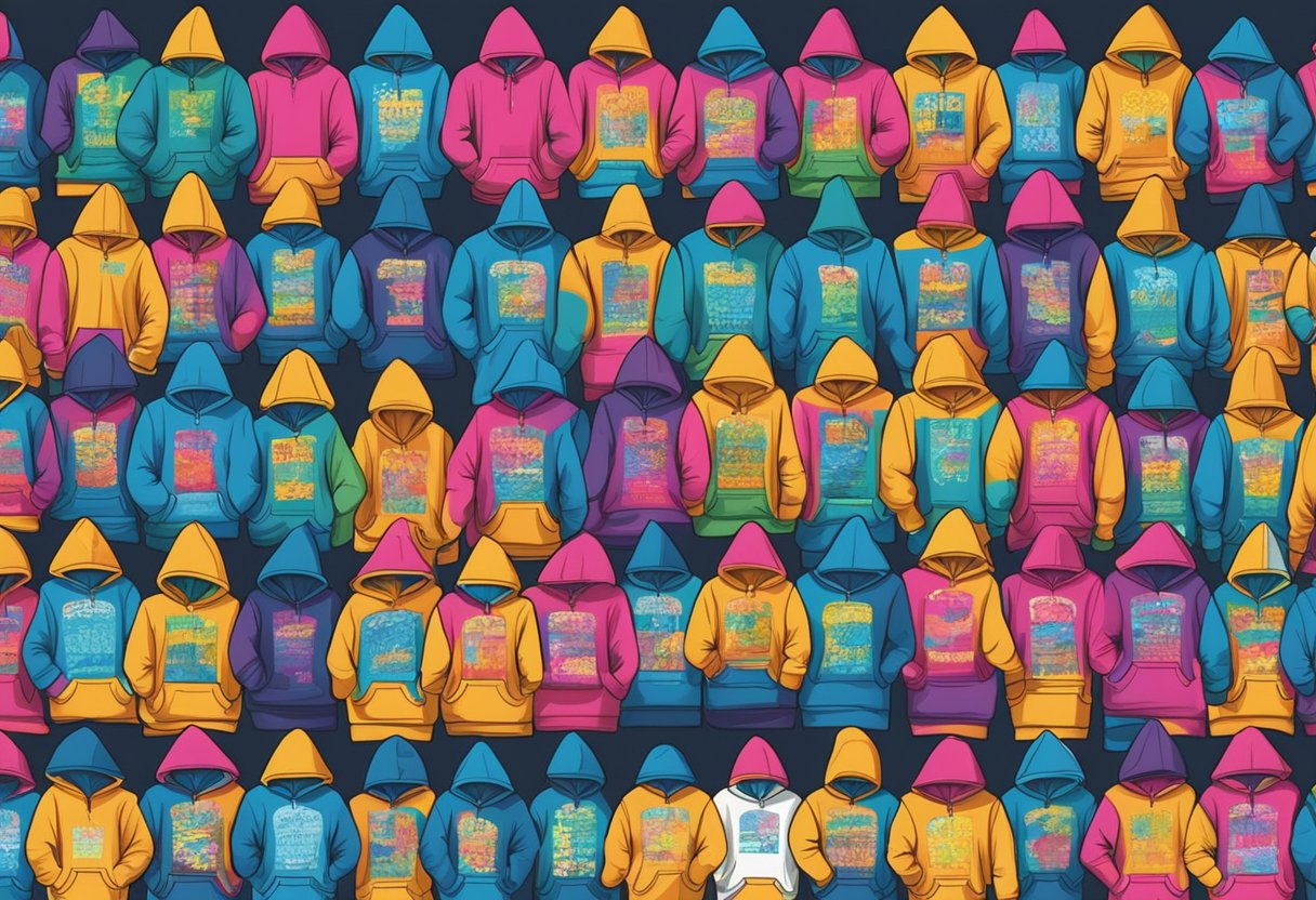 A colorful array of baby names hangs from a line of hoodies, each name written in bold graffiti-style lettering