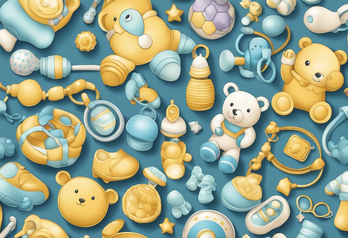 A collection of baby-related items, like rattles, pacifiers, and plush toys, arranged in a whimsical and playful manner