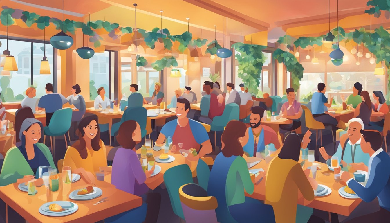 A bustling restaurant with colorful decor, filled with smiling patrons enjoying their meals and lively conversations