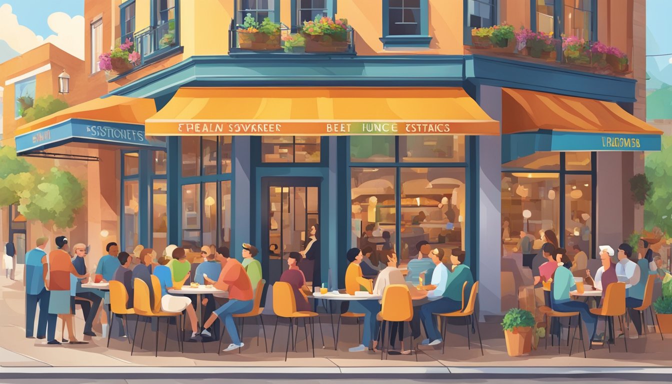 A colorful sign hangs above a bustling restaurant entrance, with cheerful customers inside enjoying their meals and lively conversation