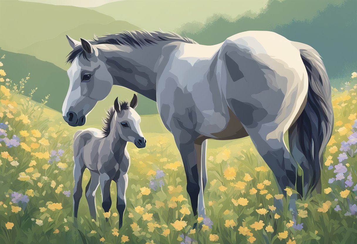 A newborn foal nuzzles its mother, surrounded by a field of wildflowers and a gentle breeze