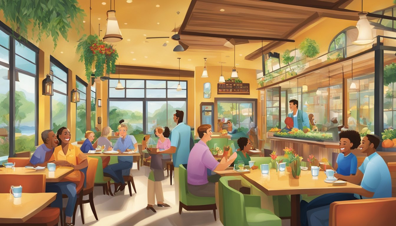 Customers enjoy a lively atmosphere at "Plan Your Visit" restaurant. Smiling faces, delicious food, and vibrant decor create a scene of happy joy