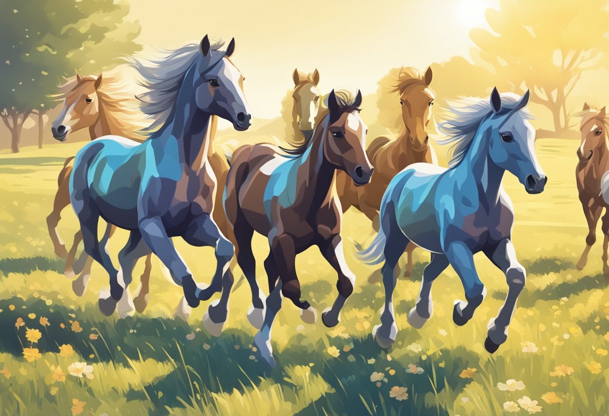 A group of playful baby horses gallop in a sunlit meadow, their names written in colorful letters floating above their heads