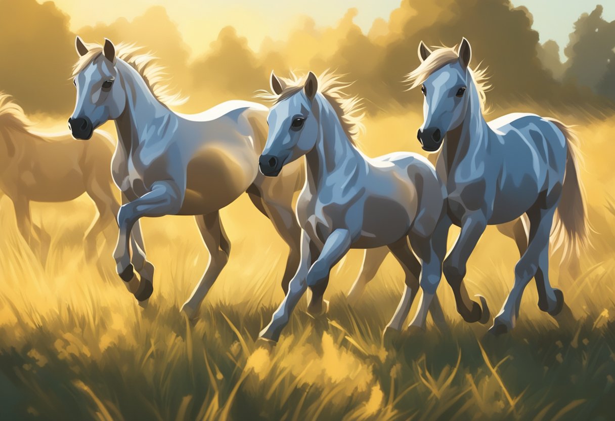 A group of playful baby horses frolic in a sunlit meadow, their sleek coats shimmering in the golden light