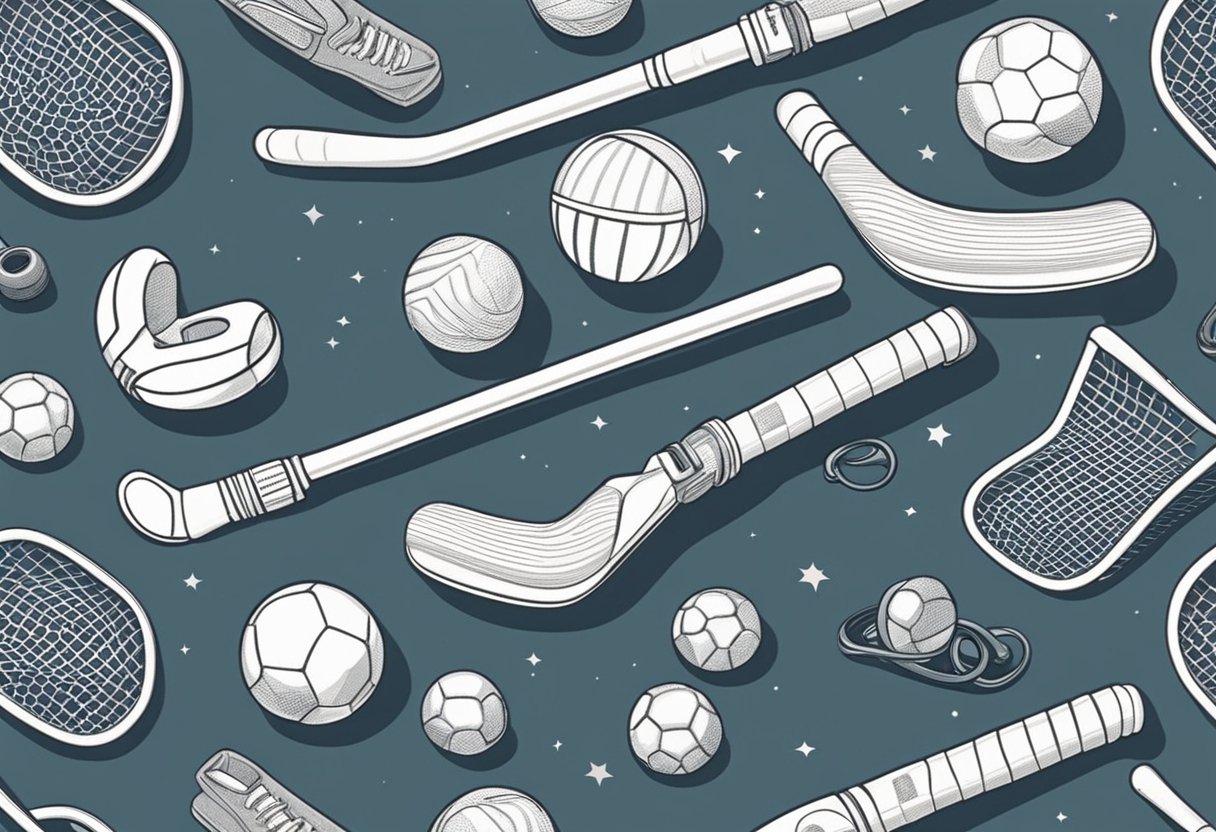 A hockey stick and puck surrounded by baby items like rattles and pacifiers