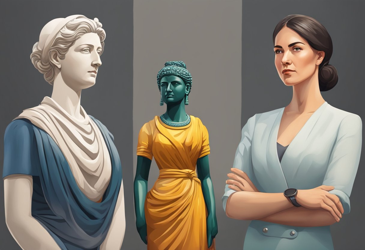 Women in historical and modern attire exhibit stoic strength through their posture and expressions. An ancient statue of a stoic woman stands beside a modern businesswoman, both exuding resilience and determination