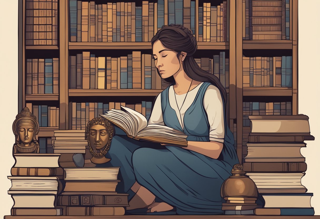A woman reading stoic philosophy in a library, surrounded by books and ancient artifacts, with a contemplative expression on her face