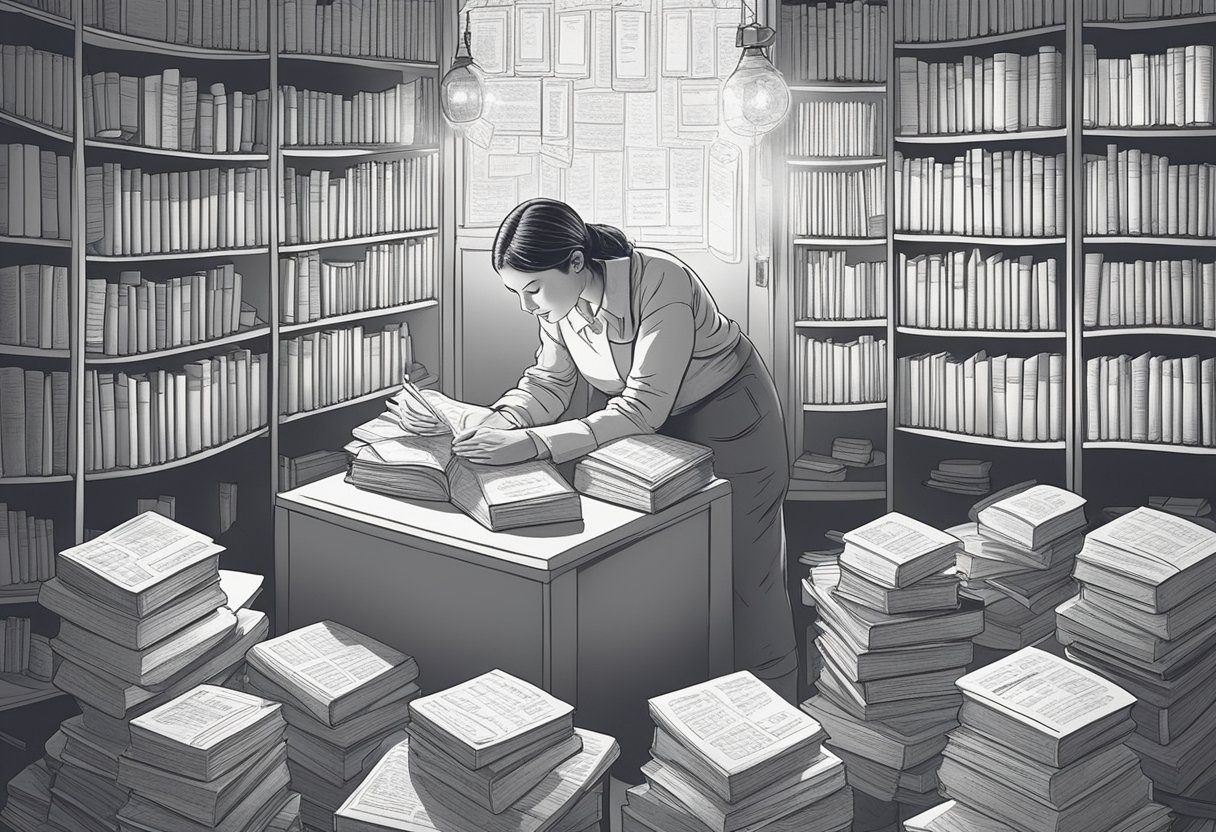 A woman surrounded by baby name books and lists, pondering and jotting down potential names for a girl