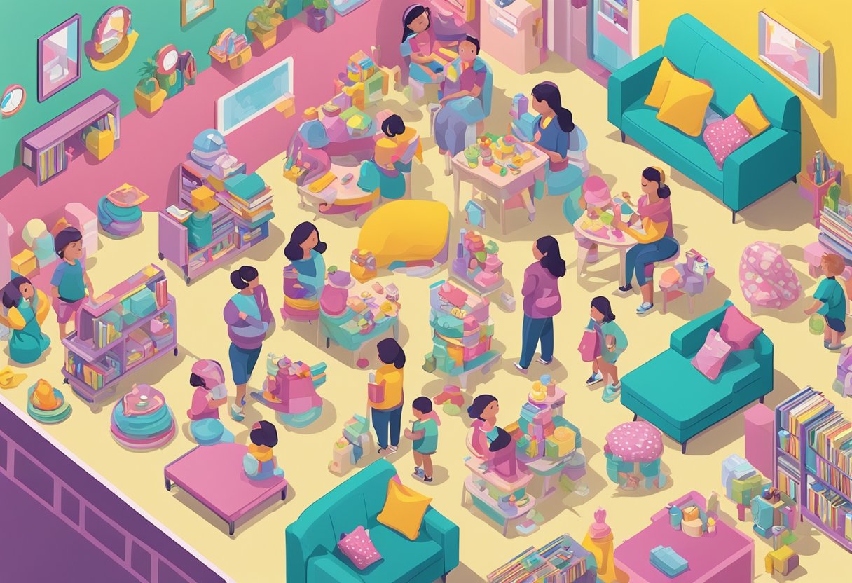 A colorful array of baby girl-related items, such as toys, books, and clothing, scattered on a table surrounded by a group of people engaged in lively conversation and idea-sharing