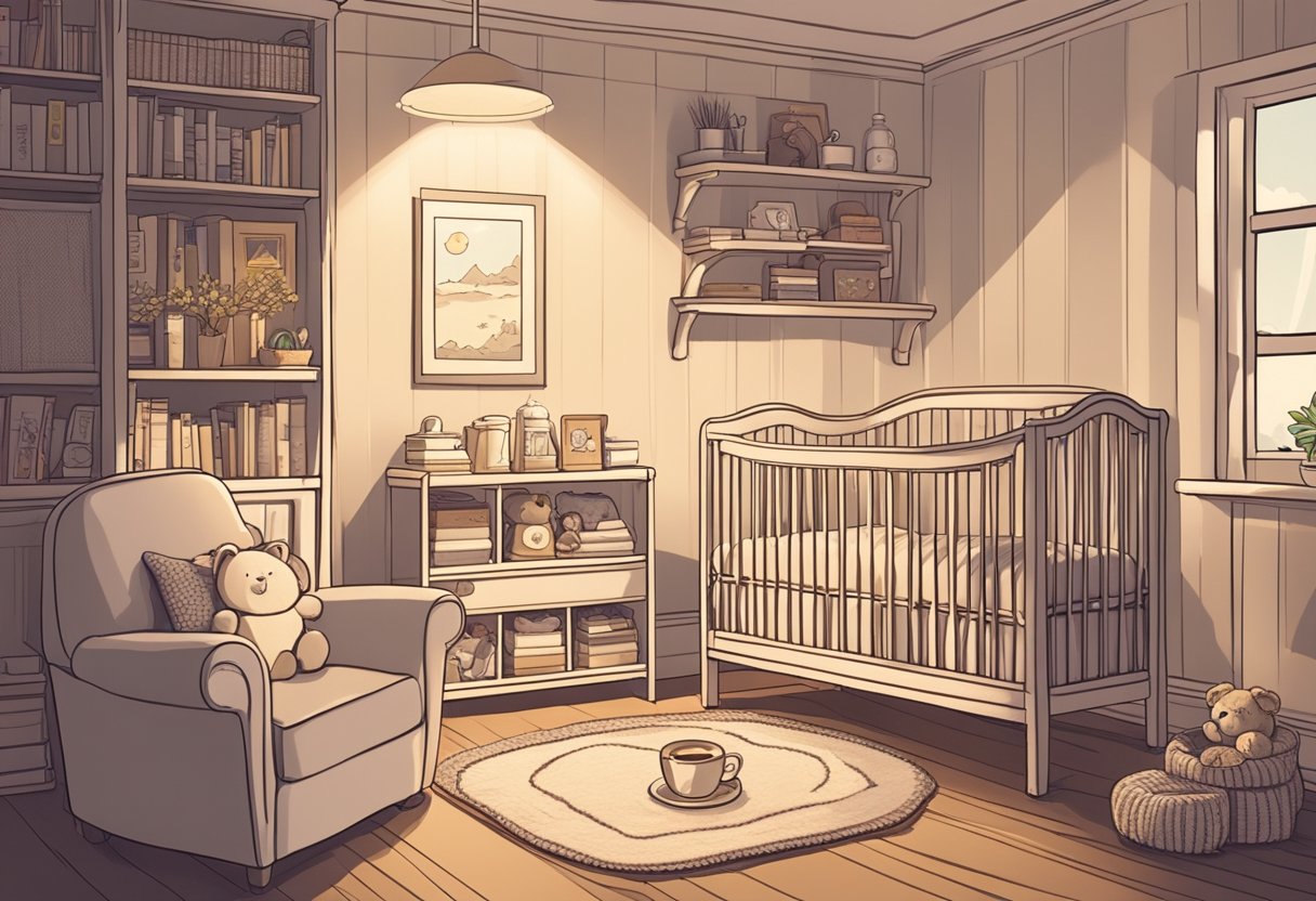 A cozy nursery with soft lighting, plush blankets, and a shelf of baby name books. A warm cup of tea sits on a side table