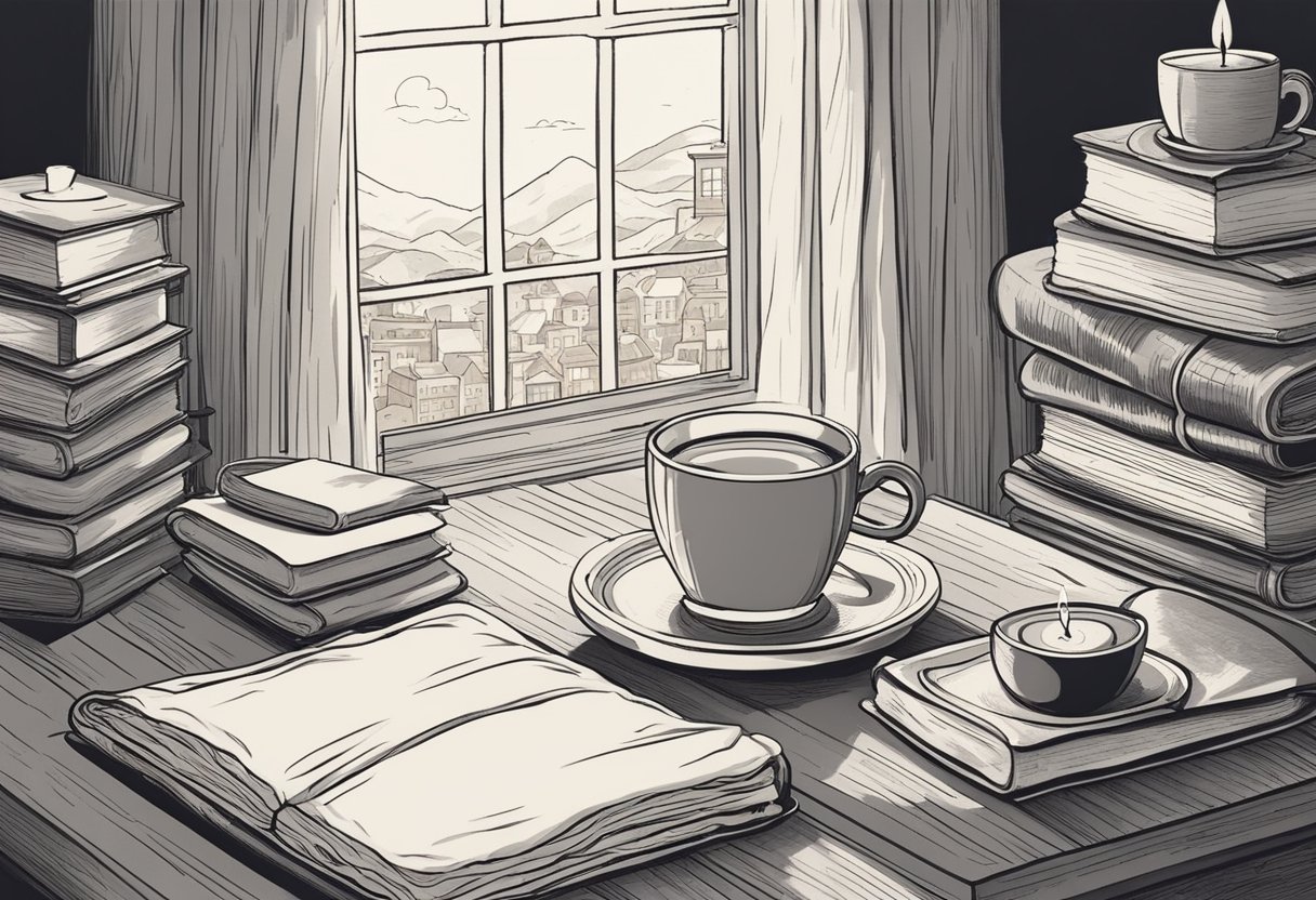 Soft, warm blankets and flickering candles create a cozy atmosphere. A steaming cup of tea sits on a table next to a pile of books