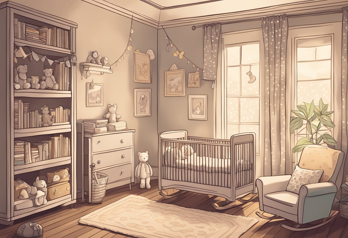 A cozy nursery with soft lighting, plush blankets, and a rocking chair. A shelf of baby books and a mobile of soothing colors