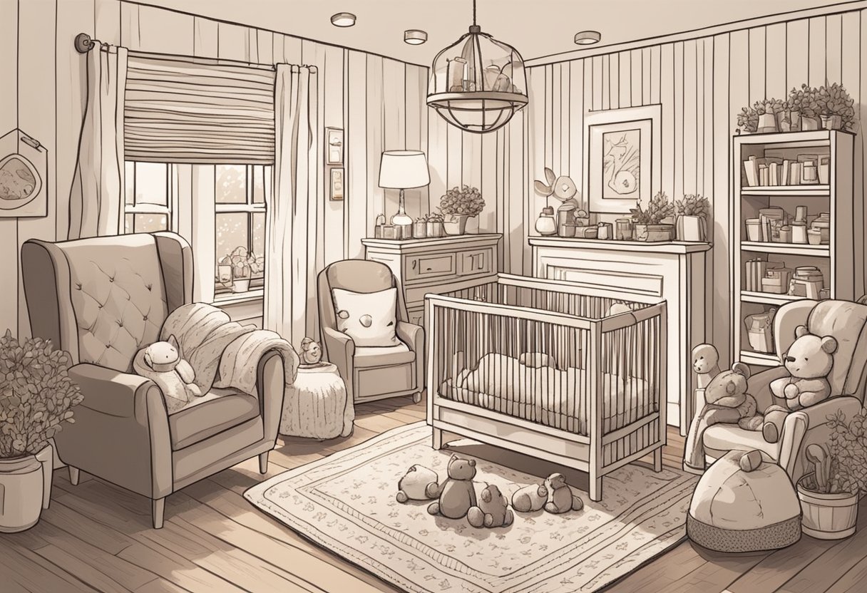 A cozy nursery with warm lighting, soft blankets, and plush toys. A crackling fireplace adds to the hygge atmosphere