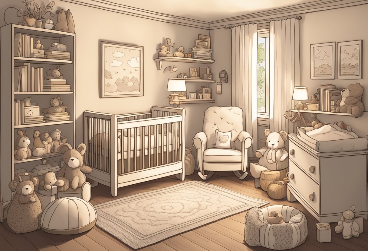A cozy nursery with soft, neutral colors and warm lighting. A rocking chair, plush rug, and shelves filled with baby books and toys create a calming and inviting atmosphere