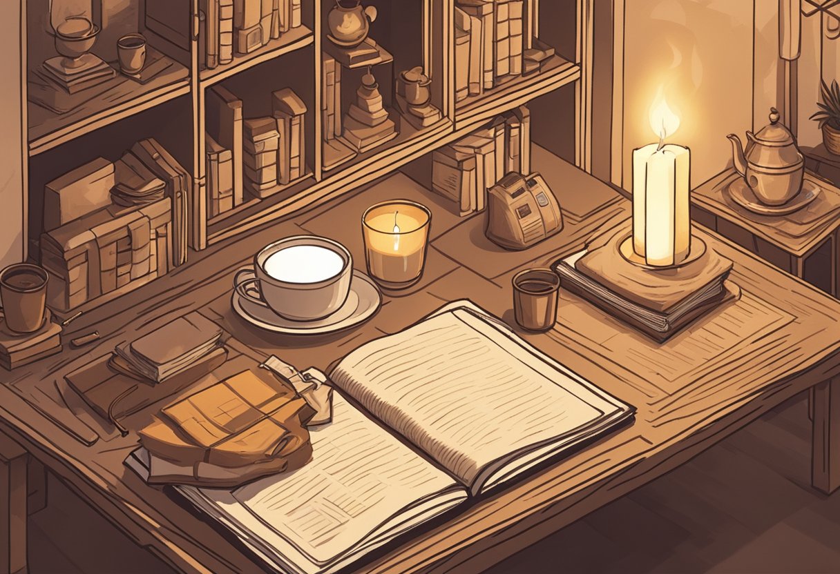 A cozy, candlelit room with a warm color palette and soft textures. A cup of hot tea sits on a table next to a notebook filled with potential baby names