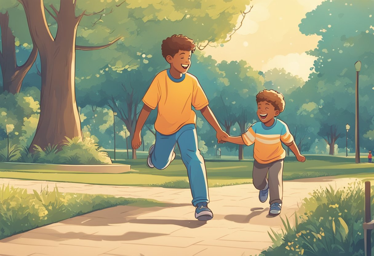Two boys playing in a park, laughing and holding hands. Their names, hyphenated, written on a sign nearby